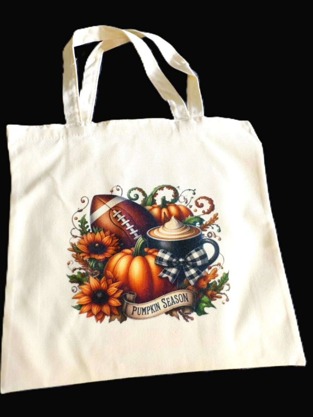Pumpkin Season Canvas Tote Bag, Handmade, books, fall, football, sunflower